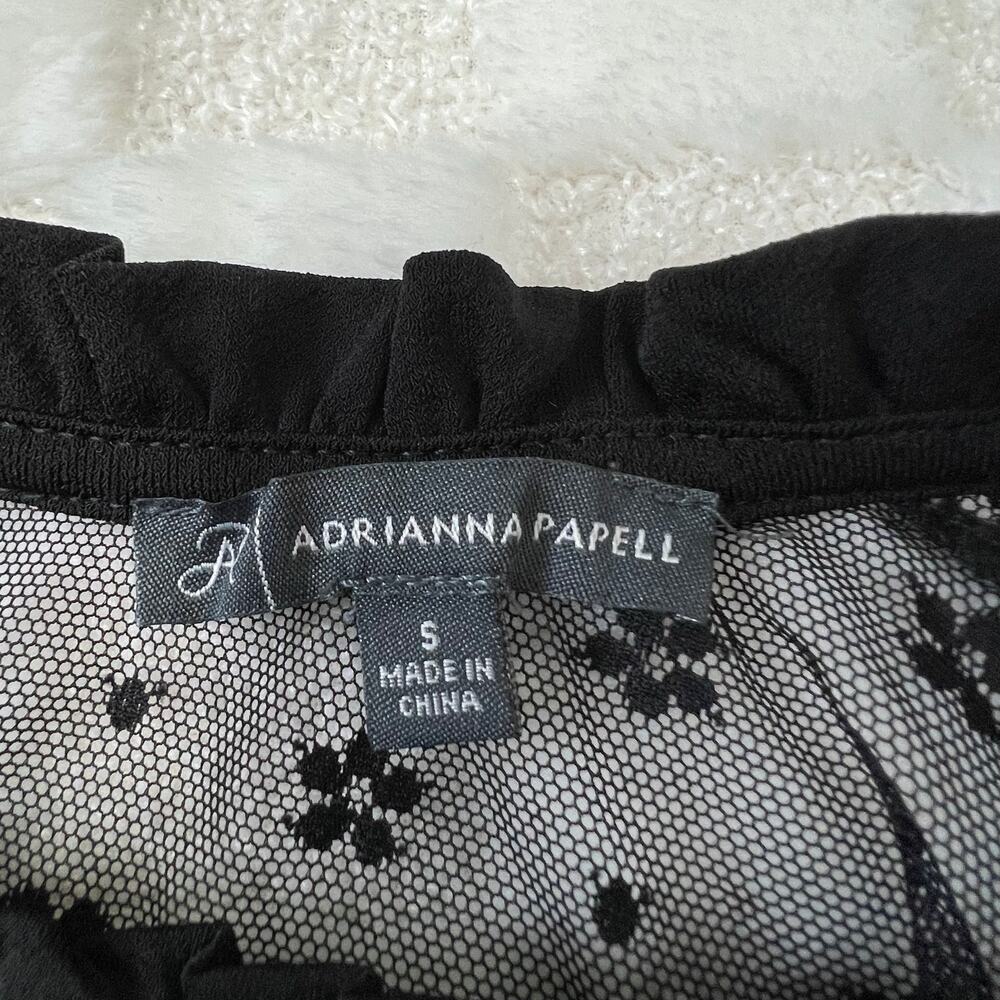 Adrianna Papell Black Mesh Lace Blouse Small Sheer Yoke Top Short Sleeve - Picture 5 of 8